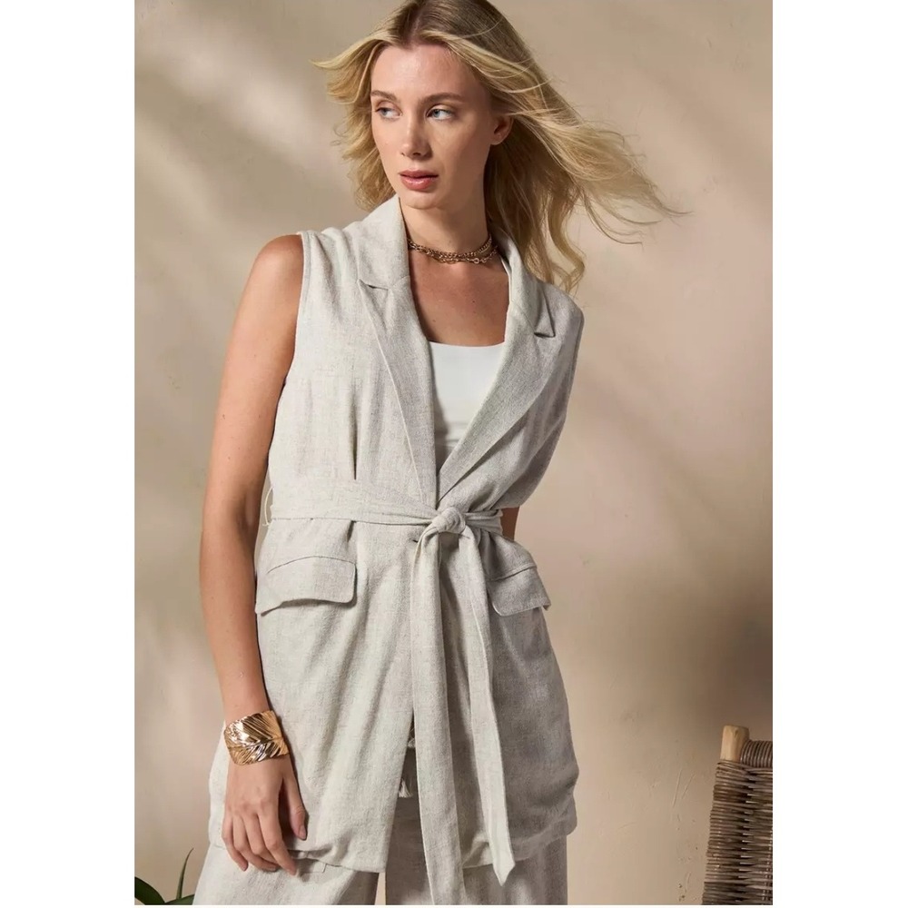 Safari Clean Girl Oatmeal Euro Summer Vest Linen Blend Resortwear Office Size 6